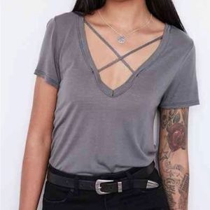 Project Social T UO Grey Criss Cross Strap Front Blouse Shirt S